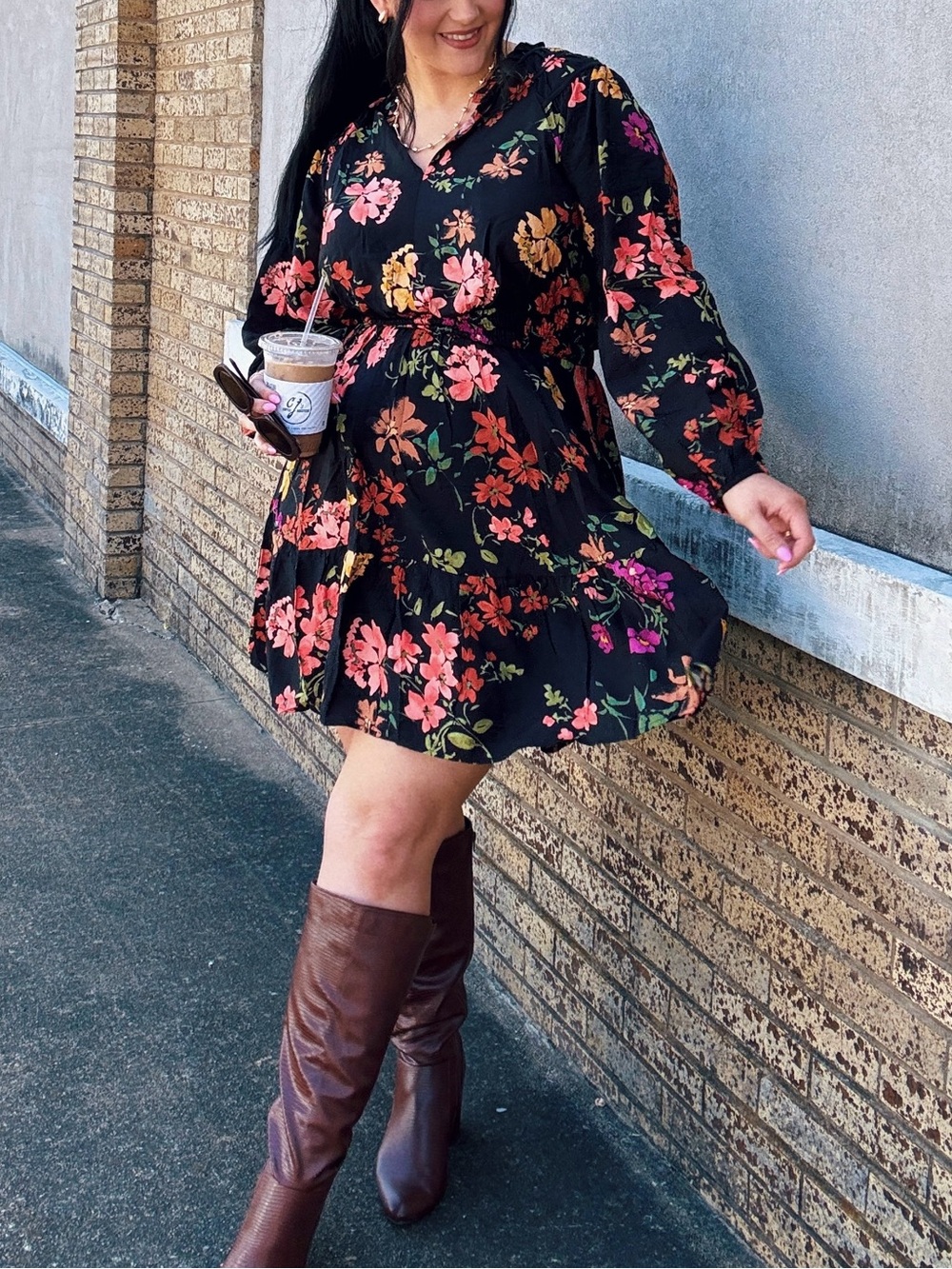NWT Floral V-neck Smocked Waist Black Floral Dress
